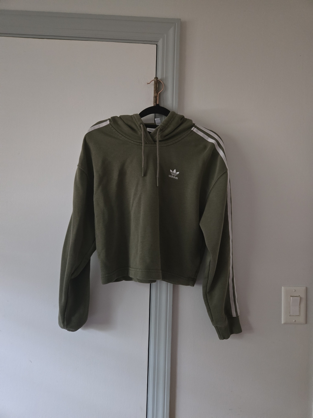 Adidas Olive Green Cropped Hoodie with White Stripes